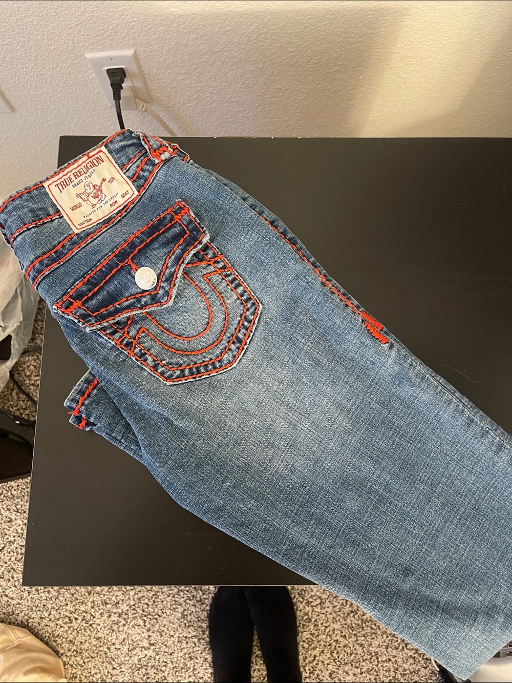 True Religion Women's Light Blue Bootcut Jeans with Orange Stitching